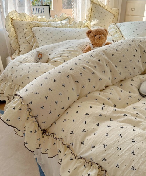 ベッド 寝具 花柄リボンパイピングフリルベッドカバー4点セット