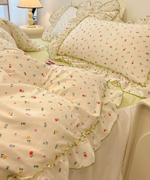 ベッド 寝具 花柄リボンパイピングフリルベッドカバー4点セット