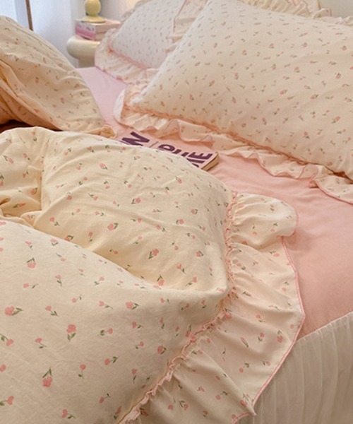 pyornim ベッド 寝具 花柄リボンパイピングフリルベッドカバー4