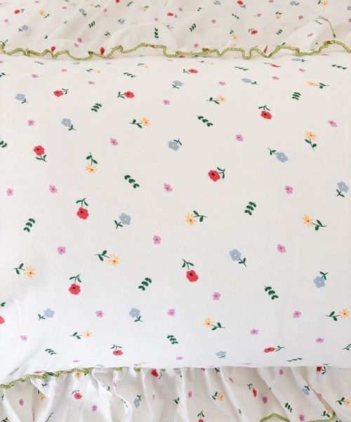 ベッド 寝具 花柄リボンパイピングフリルベッドカバー4点セット