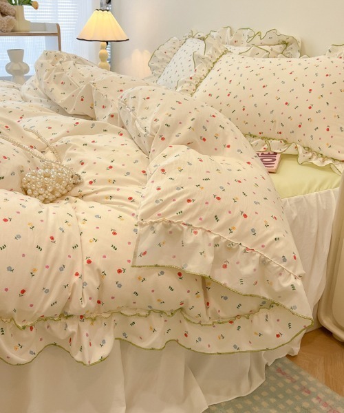 姫系フリル寝具4点セット花柄ベッドカバー大人可愛い 発送目安12-15日 ベッド 寝具 花柄リボンパイピングフリルベッドカバー4点セット