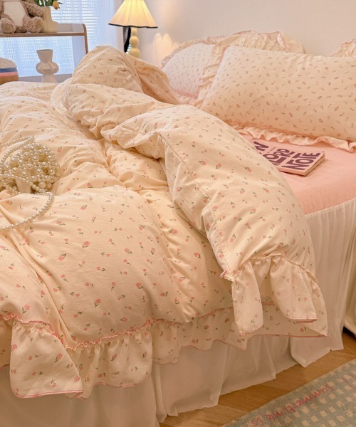 pyornim ベッド 寝具 花柄リボンパイピングフリルベッドカバー4点