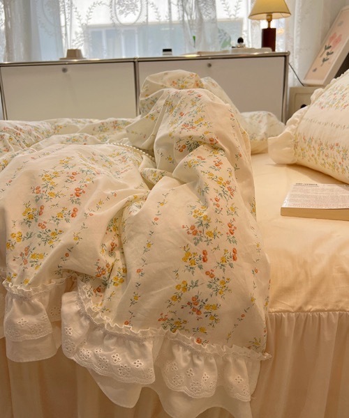 ベッド 寝具 花柄リボンパイピングフリルベッドカバー4点セット