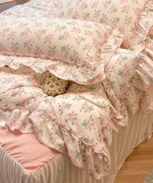 花柄フリル寝具4点セットベッドカバー姫系発送12-15日 ベッド 寝具 花柄リボンパイピングフリルベッドカバー4点セット