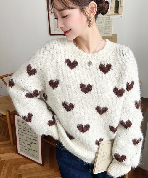 moment+ ニット セーター Wジャガードハート柄フェザーニットプル