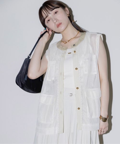 ベスト ジレ バックフリル アウトポケットメッシュベスト レディース Eimee Law ベスト ジレ バックフリル アウトポケットメッシュ