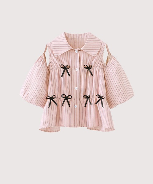 ブラウス シャツ Hollow Out Ribbon Stripe Shirt レディース