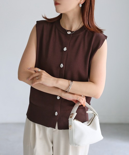 Riberry ベスト ジレ ニュアンスボタンフレンチニットベスト