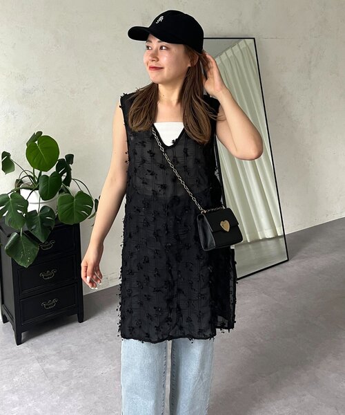ベスト ジレ 「MOMO」シアーフリンジVネックロングベスト レディース