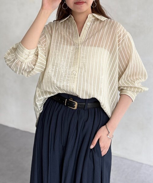 ブラウス シャツ 「L」「ウォッシャブル」T/Cストライプ天竺 レディース LACーVERT ブラウス シャツ 「累計販売枚数1万枚突破」フレア