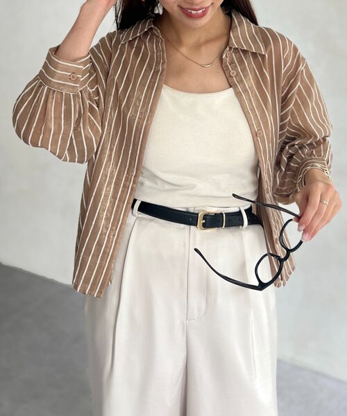 ブラウス シャツ ラメストライプフレンチスリーブブラウス レディース Chez toi ブラウス シャツ ラメストライプシャツ レディース