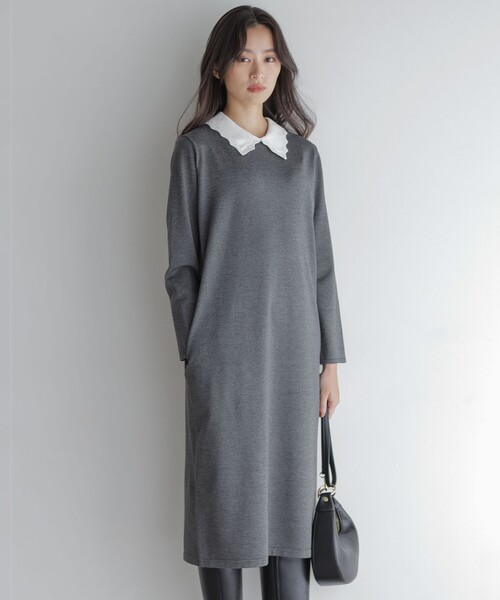 組曲（KUMIKYOKU） ワンピース レースライク襟付きニットワンピース