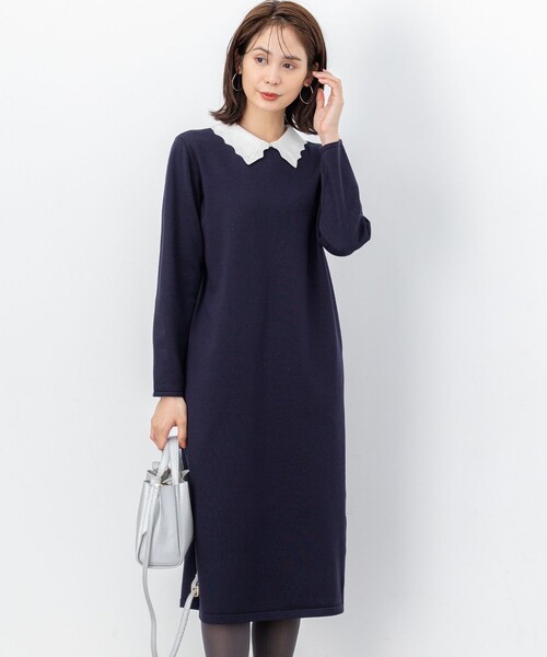 組曲（KUMIKYOKU） ワンピース レースライク襟付きニットワンピース