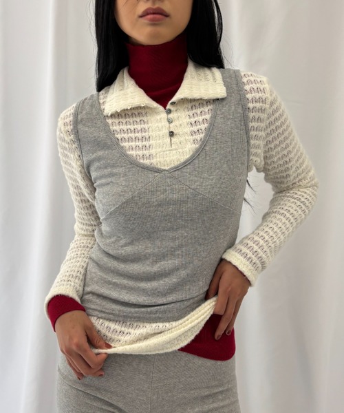 FUULLY STUDIO ニット セーター 透かし編みハイネックヘンリープル