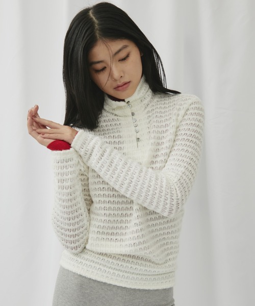 FUULLY STUDIO ニット セーター 透かし編みハイネックヘンリープル