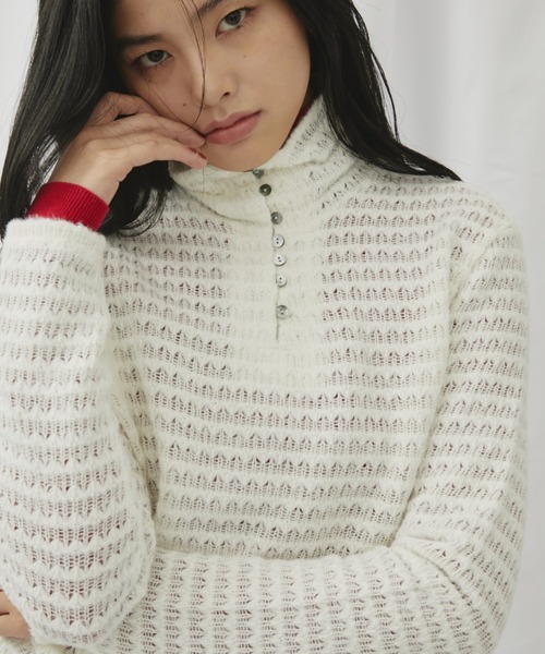 FUULLY STUDIO ニット セーター 透かし編みハイネックヘンリープル