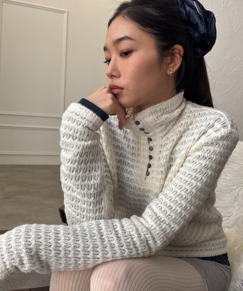 FUULLY STUDIO ニット セーター 透かし編みハイネックヘンリープル