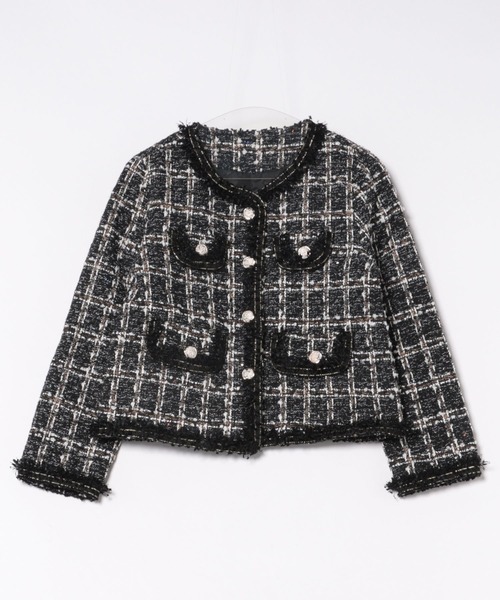 ジャケット ノーカラージャケット フリンジ ツイード中綿ジャケット