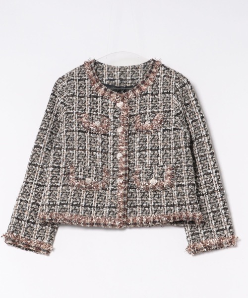 ジャケット ノーカラージャケット フリンジ ツイード中綿ジャケット