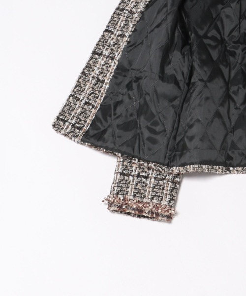 ジャケット ノーカラージャケット フリンジ ツイード中綿ジャケット