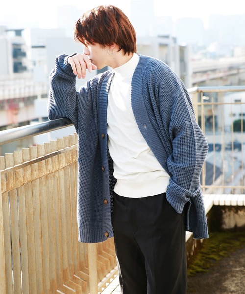 「WESTSEA」 「Cathy's closet」ニットカーディガン L グレイッシュブルー メンズ_画像2