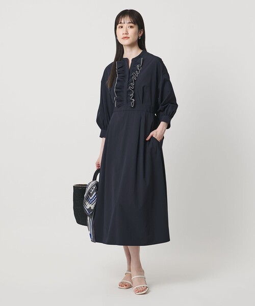 良品✨ユナイテッドアローズ ノーカラー ワンピーススーツ フリル ストレッチ 紺 ユナイテッドアローズ公式通販