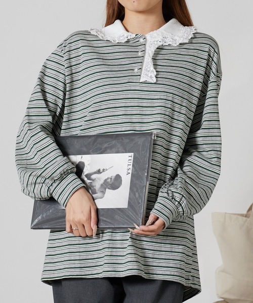 Chick ポロシャツ ポロ Lace Collar Border Polo Top / レースポロ衿