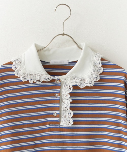 Chick ポロシャツ ポロ Lace Collar Border Polo Top / レースポロ衿