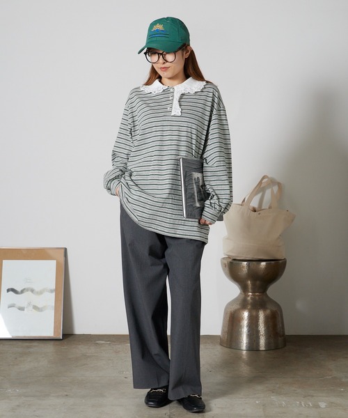 Chick ポロシャツ ポロ Lace Collar Border Polo Top / レースポロ衿