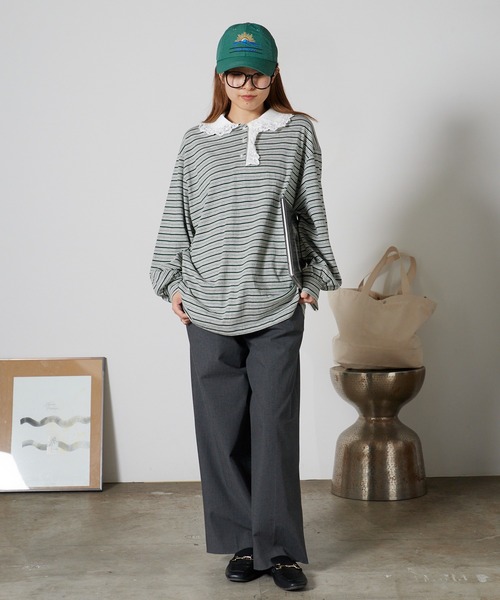 Chick ポロシャツ ポロ Lace Collar Border Polo Top / レースポロ衿