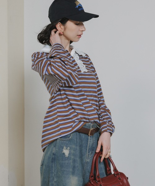 Chick ポロシャツ ポロ Lace Collar Border Polo Top / レースポロ衿