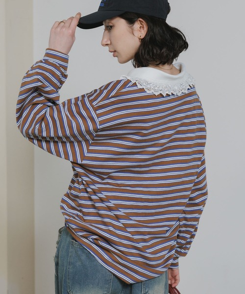 Chick ポロシャツ ポロ Lace Collar Border Polo Top / レースポロ衿