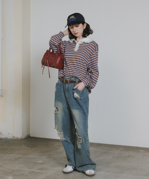 Chick ポロシャツ ポロ Lace Collar Border Polo Top / レースポロ衿