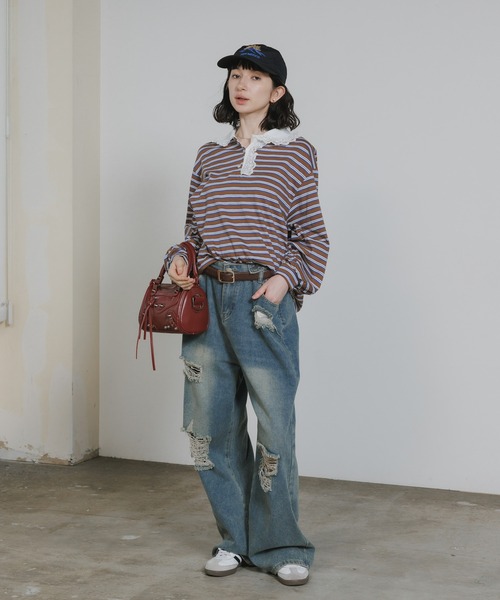 Chick ポロシャツ ポロ Lace Collar Border Polo Top / レースポロ衿