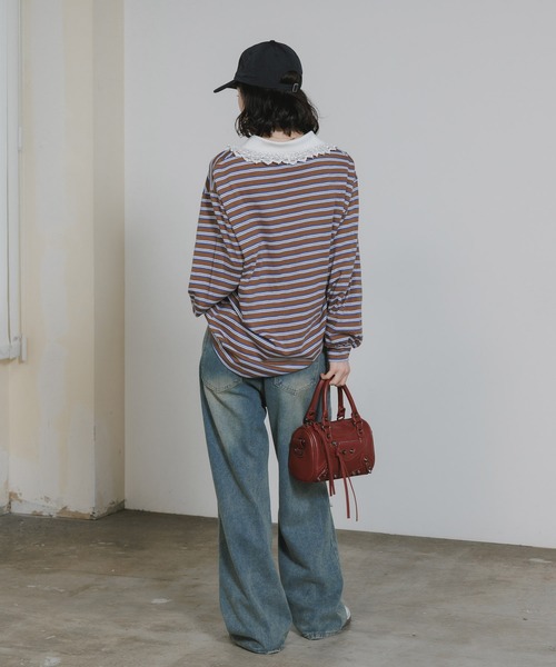 Chick ポロシャツ ポロ Lace Collar Border Polo Top / レースポロ衿