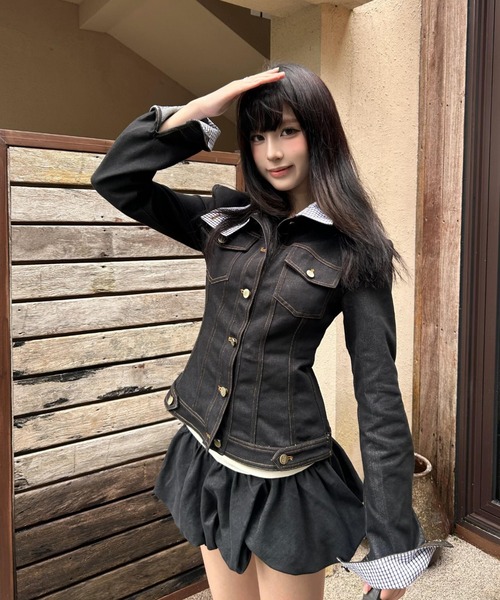 apolina 23SS セットアップ Aelina セットアップ 異素材切り替えデニムジャケット ショートパンツ