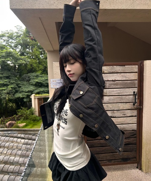 Aelina セットアップ 異素材切り替えデニムジャケット ショートパンツ