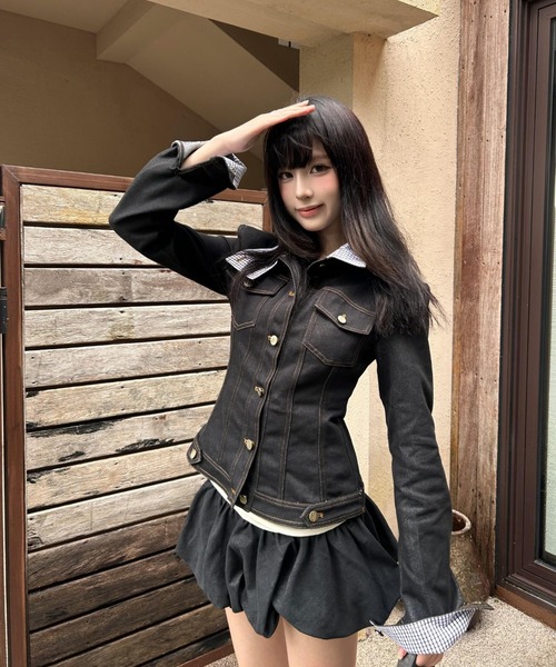 値下げ【AURORAboutique】デニムセットアップ（ジャケット・スカート） Aelina セットアップ 異素材切り替えデニムジャケット ショートパンツ