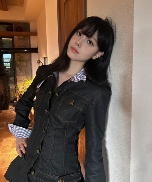 Aelina セットアップ 異素材切り替えデニムジャケット ショートパンツ