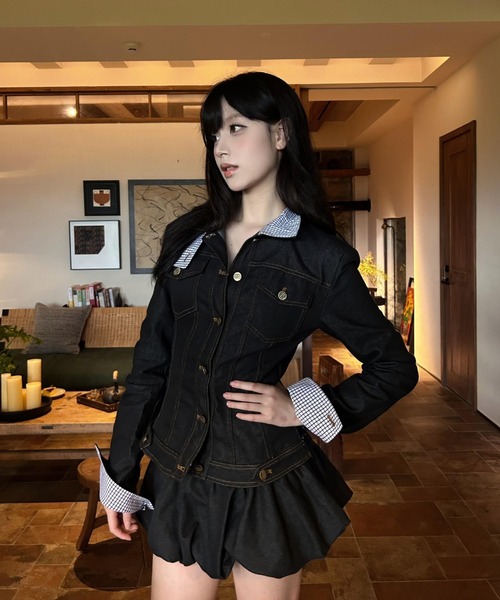 Aelina セットアップ 異素材切り替えデニムジャケット ショートパンツ