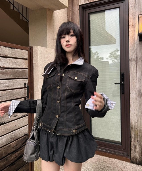 Aelina セットアップ 異素材切り替えデニムジャケット ショートパンツ