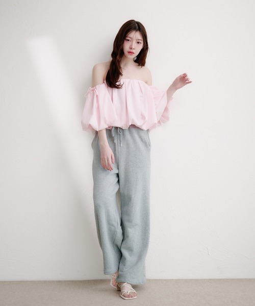 fupel ブラウス シャツ 夏 半袖 volume off-shoulder blouse