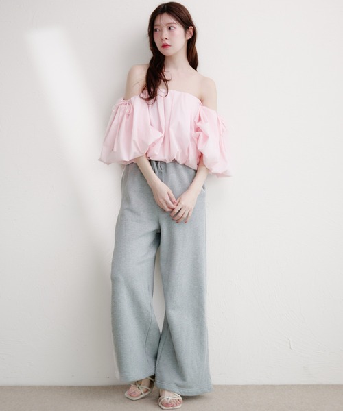 fupel ブラウス シャツ 夏 半袖 volume off-shoulder blouse