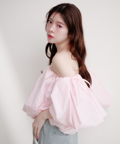 fupel ブラウス シャツ 夏 半袖 volume off-shoulder blouse
