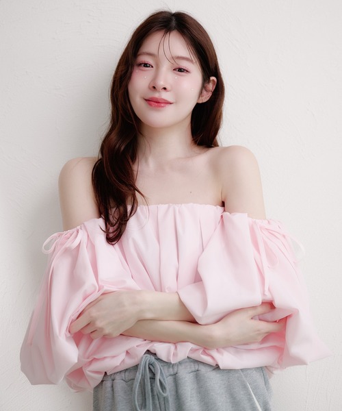 fupel ブラウス シャツ 夏 半袖 volume off-shoulder blouse