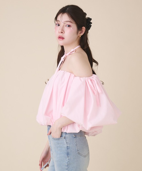 fupel ブラウス シャツ 夏 半袖 volume off-shoulder blouse