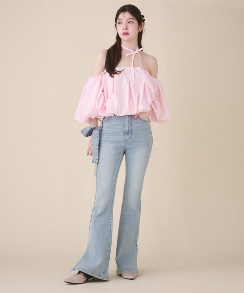 fupel ブラウス シャツ 夏 半袖 volume off-shoulder blouse