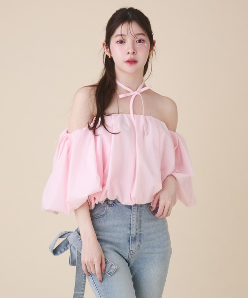 fupel ブラウス シャツ 夏 半袖 volume off-shoulder blouse 