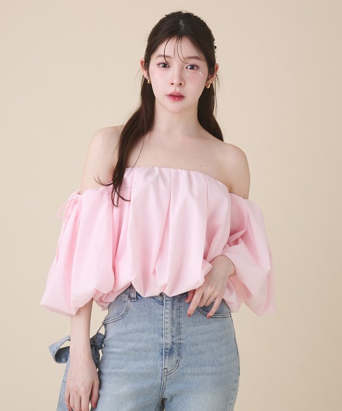 fupel ブラウス シャツ 夏 半袖 volume off-shoulder blouse