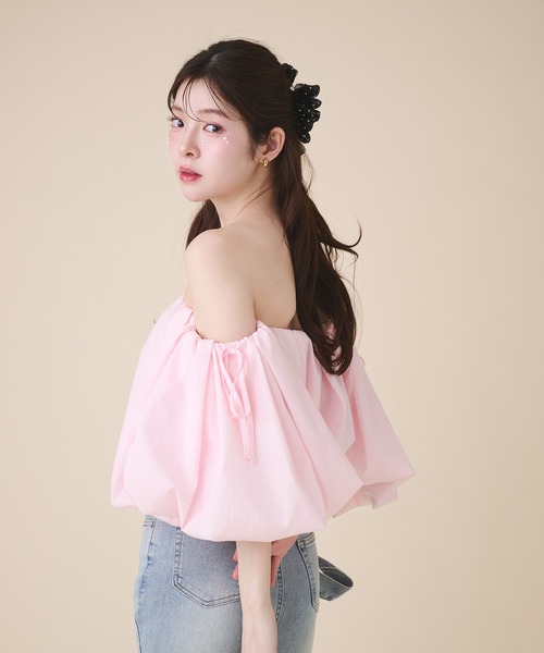 fupel ブラウス シャツ 夏 半袖 volume off-shoulder blouse